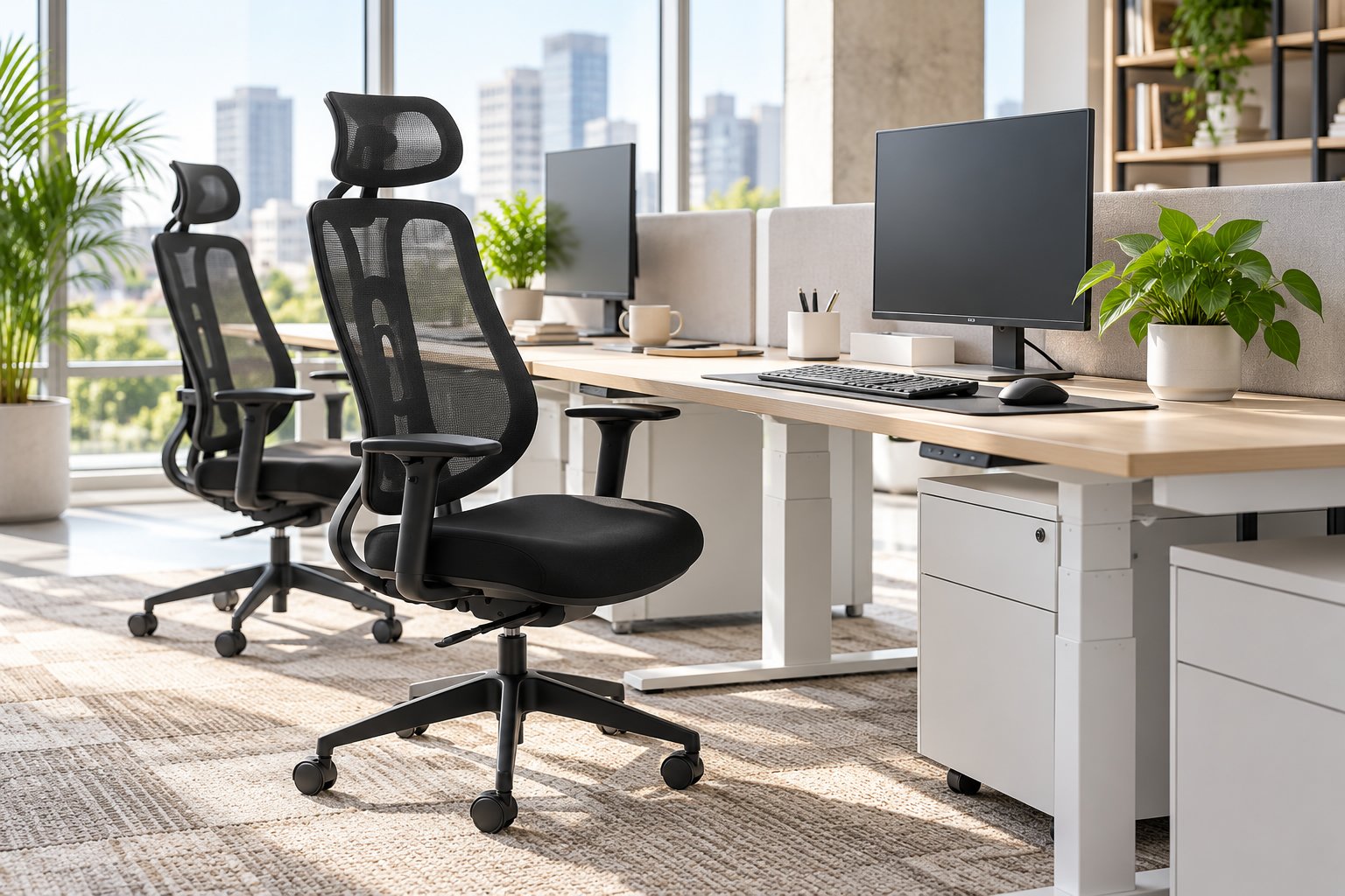 Deux fauteuils de bureau noirs devant un poste de travail partagé avec écran et plantes dans un espace lumineux.