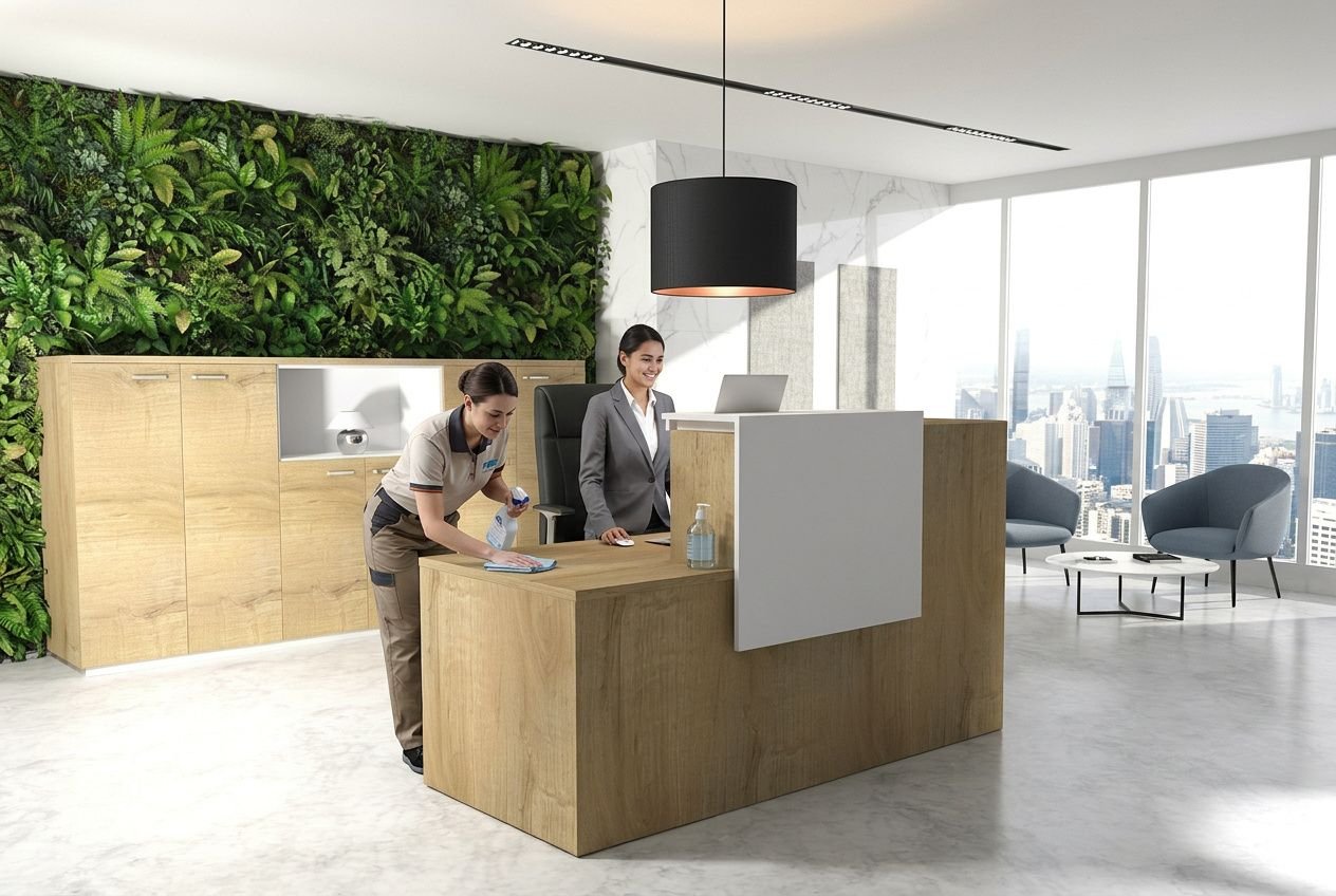 Deux personnes nettoient un accueil en bois dans un bureau moderne, avec un mur végétal et vue sur la ville. les 3 règles du nettoyage intégrées naturellement.