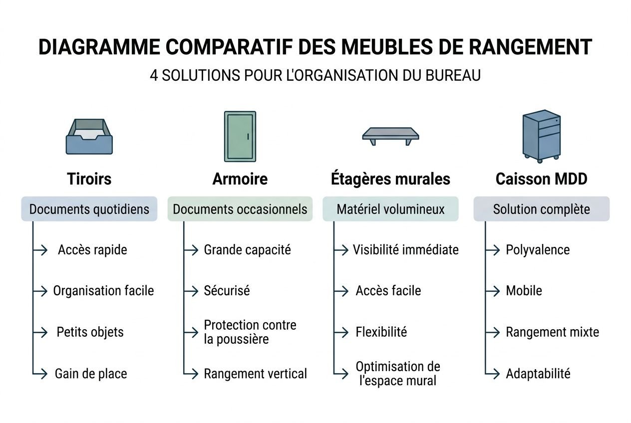 Diagramme comparatif des meubles de rangement avec 4 solutions pour l’organisation du bureau: tiroirs, armoire, étagères murales et caisson MDD, détaillant documents quotidiens, documents occasionnels, matériel volumineux et solution complète. longueur adaptée. keyword integrated: organisation bureau professionnel et rangement efficace.