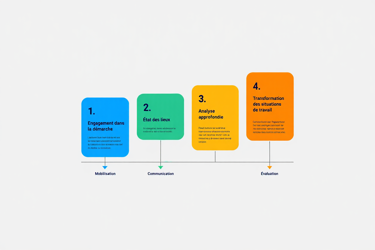 Diagramme étape par étape: 4 blocs colorés (1 bleu, 2 vert, 3 jaune, 4 orange) représentant une démarche de prévention des troubles musculo-squelettiques avec flèches et intitulés.