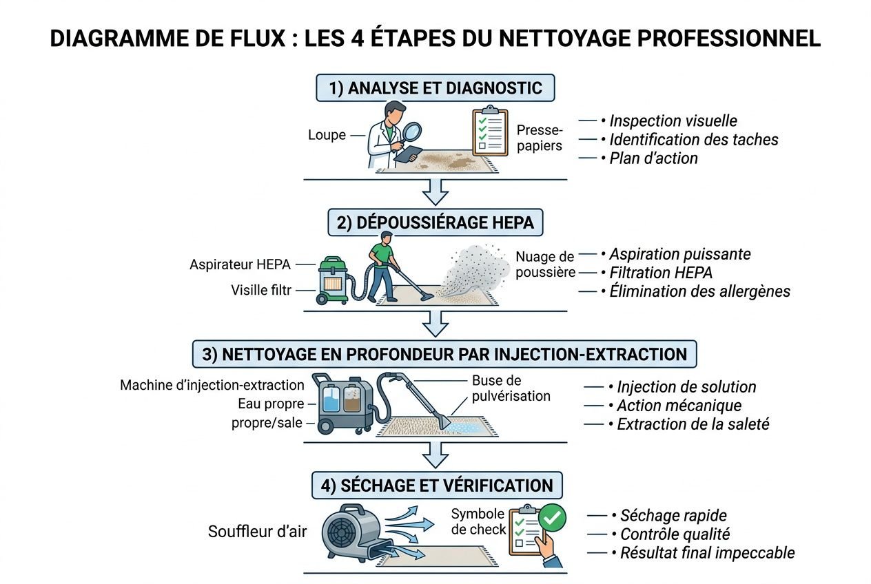 Diagramme de flux montrant les 4 étapes du nettoyage professionnel: analyse, dépoussiérage HEPA, nettoyage en profondeur par injection-extraction, et séchage vérification. Inclut équipement et procédures. Nettoyage mobilier professionnel.