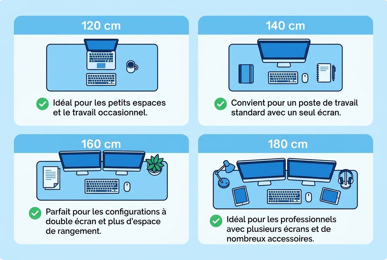 Diagramme illustrant quatre formats de bureaux ergonomiques: 120, 140, 160 et 180 cm, chacun avec fleche verte et texte descriptif sur l’ergonomie et l’espace de travail. Avantages d'un bureau ergonomique.