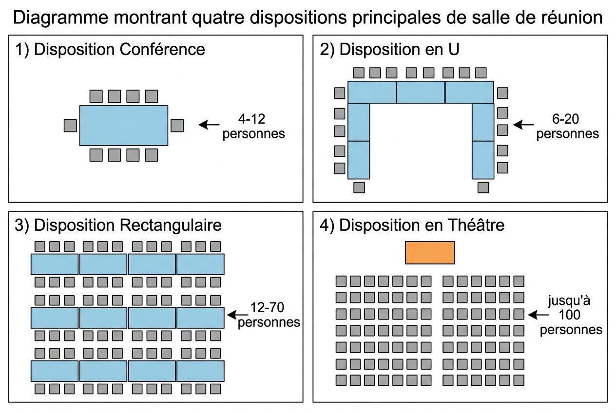 Diagramme montrant quatre dispositions principales de salle de réunion. 1) Disposition Conférence, table centrale entourée de chaises. 2) Disposition en U avec une table en forme de U et sièges autour. 3) Disposition Rectangulaire avec rangées de tables et de chaises. 4) Disposition en Théâtre avec gradins et pupitre au front. Intègre le concept avancer: commentaire "comment aménager une salle de réunion" naturellement.