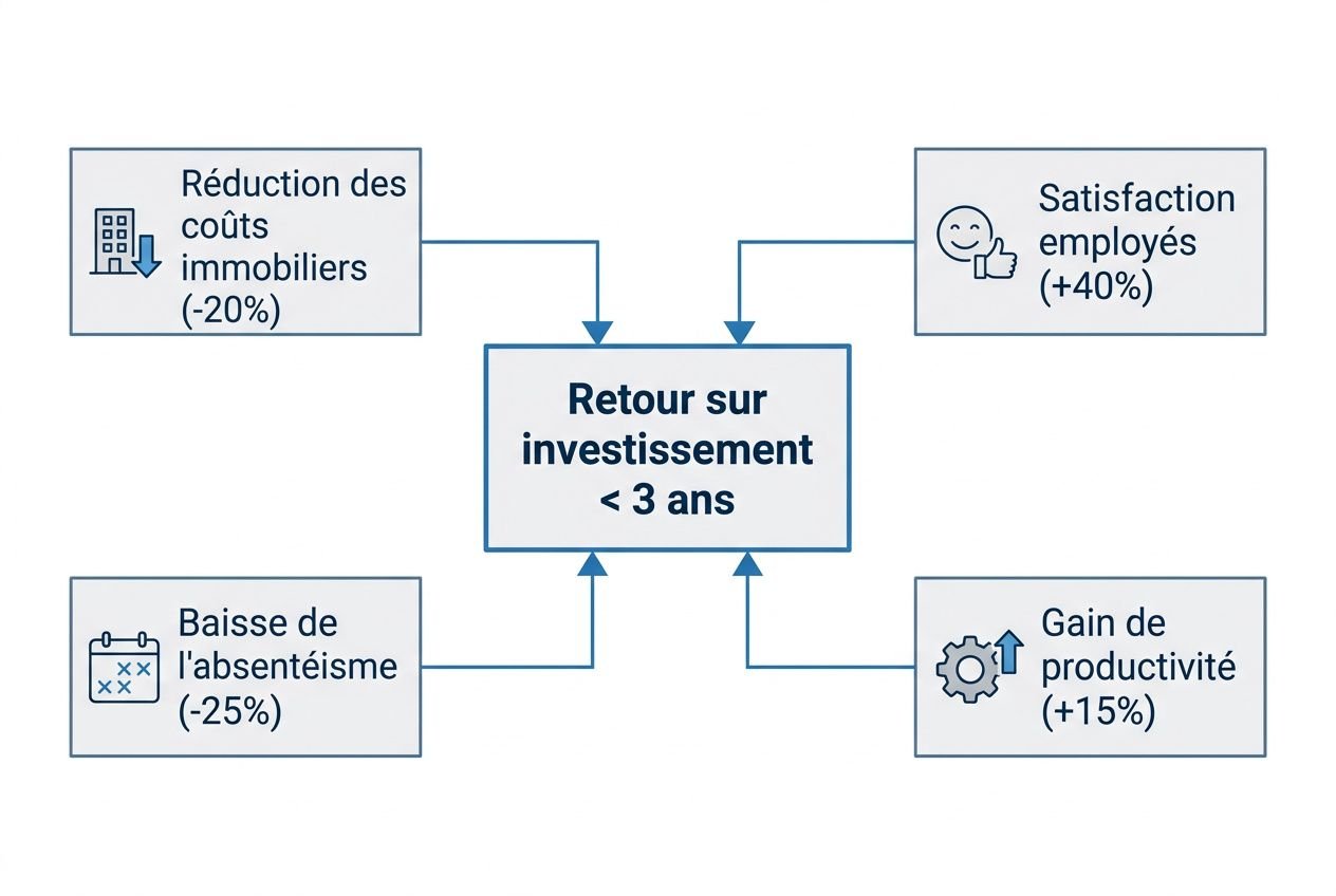 Diagramme montrant un retour sur investissement en moins de 3 ans: réduction des coûts immobiliers (-20%), satisfaction des employés (+40%), gain de productivité (+15%), baisse de l’absentéisme (-25%). amplitude croisée. intégrant l’aménagement espace de travail productivité.