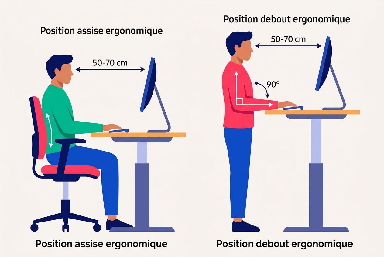 Diagramme sur plan de travail réglable en hauteur électrique: comparaison ergonomie assise/debout avec distances 50–70 cm et positions de bureau pour ordinateur.