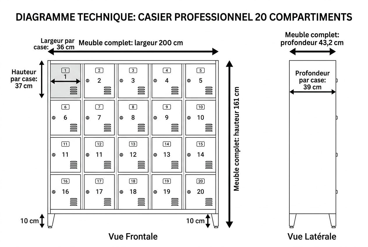 Diagramme technique d’un casier professionnel à 20 compartiments (dimensions et vue frontale et latérale) pour le rangement en entreprise.