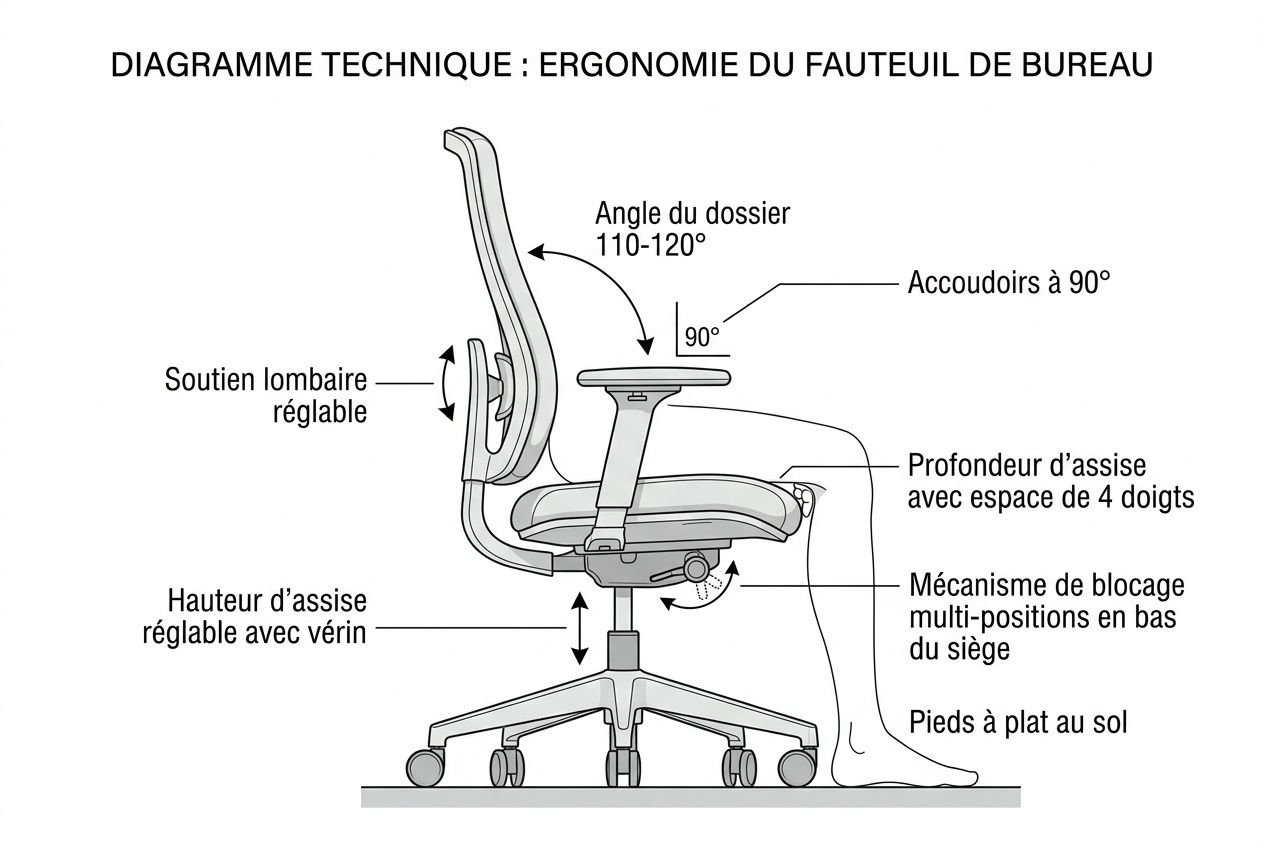 Diagramme technique d’un fauteuil de bureau ergonomique avec accoudoirs et soutien lombaire réglables, siège inclinable et roulette(s) au pied. intégration: commentaire sur choix “comment choisir fauteuil bureau” naturally.