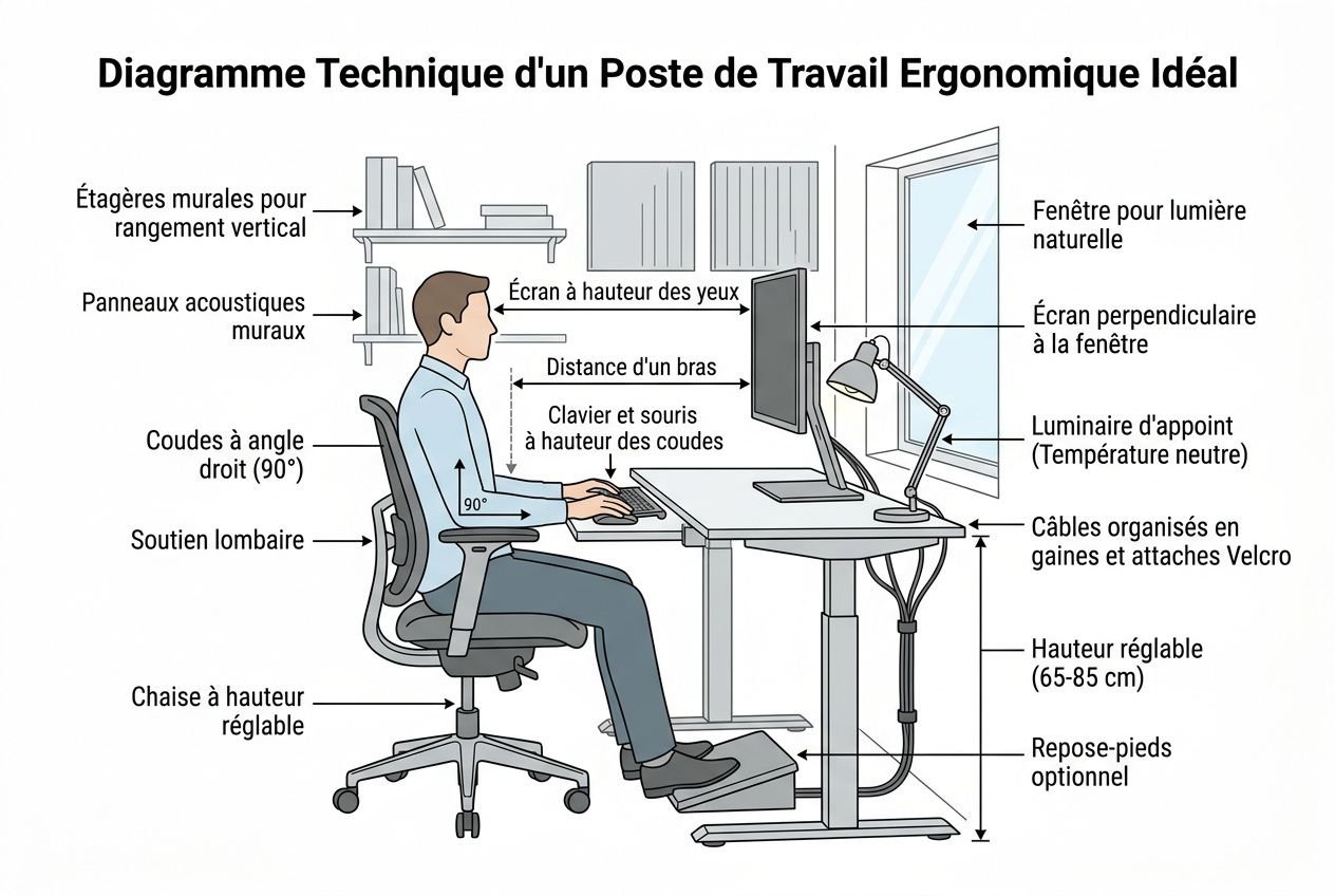 Diagramme technique d’un poste de travail ergonomique idéal, montrant chaise, bureau, écran, clavier, et accessoires pour organiser un espace professionnel.