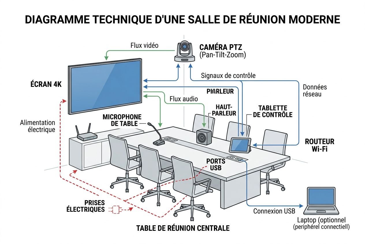 Diagramme technique d’une salle de réunion moderne avec écran 4K, caméra PTZ, microphone de table, haut-parleur, tablette de contrôle et routeur Wi‑Fi.