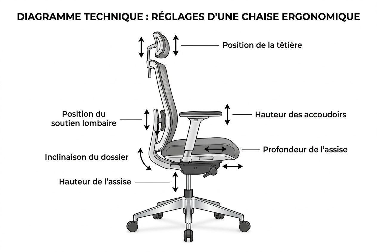 Diagramme technique montrant les réglages d’une chaise ergonomique: dossier, accoudoirs, hauteur, profondeur et inclinaison. Inclinaison du dossier et soutien lombaire visibles.