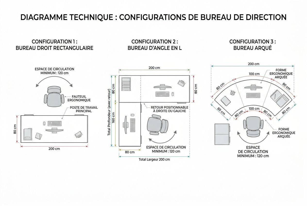 Diagramme technique présentant trois configurations de bureau de direction moderne design: rectangulaire, en L et arqué, avec mesures et circulation min. 120 cm autour des postes et zones.