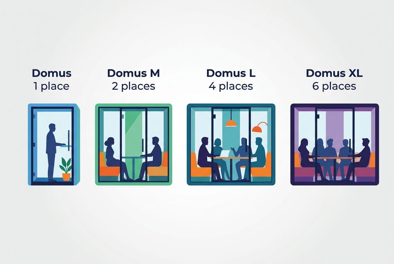 Différentes cabines de travail: Domus 1 place, Domus M 2 places, Domus L 4 places et Domus XL 6 places, affichées avec silhouettes et meubles à l’intérieur. cabines acoustique bureau occasion intégrée naturellement dans le contexte.