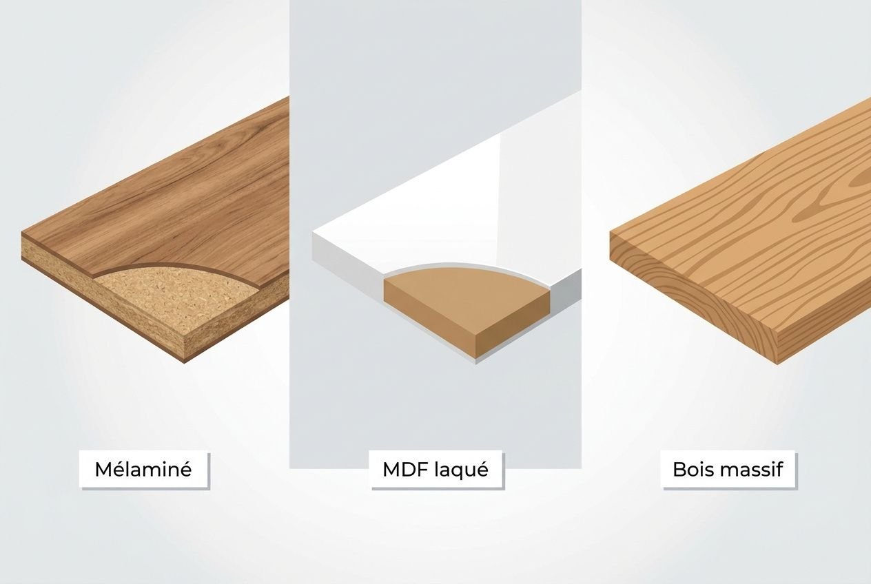 Différents matériaux pour bureau professionnel sur mesure: Mélaminé, MDF laqué et Bois massif, montrant leurs sections et textures.