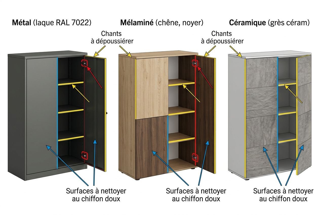 Différents types de bois et finitions de meubles de bureau : métal, mélaminé et céramique avec surfaces à nettoyer au chiffon doux et zones à dépoussiérer.