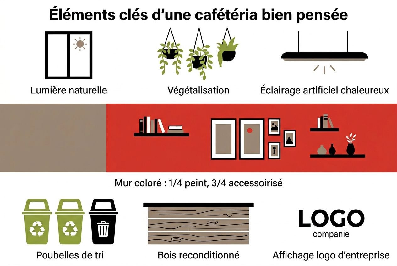 Éléments d’un aménagement cafétéria entreprise bien pensé: lumière naturelle, végétalisation et éclairage chaleureux, murs colorés, rangement et affichage du logo d’entreprise.