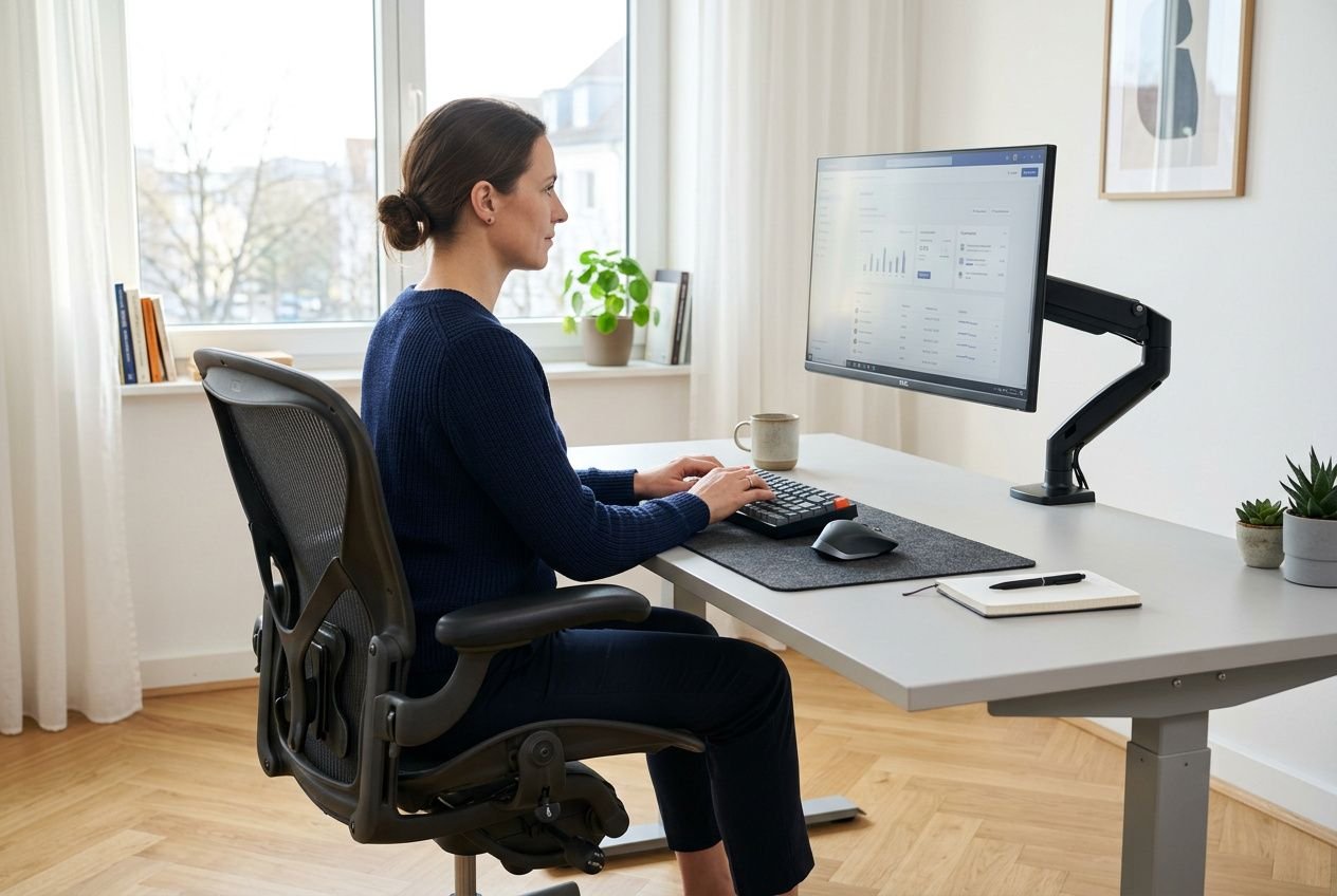 Employée debout ou assise à son bureau, regard sur écran incurvé et support bras, poste de travail ergonomique avec plantes et lumière naturelle. Aménagement espace de travail ergonomie.