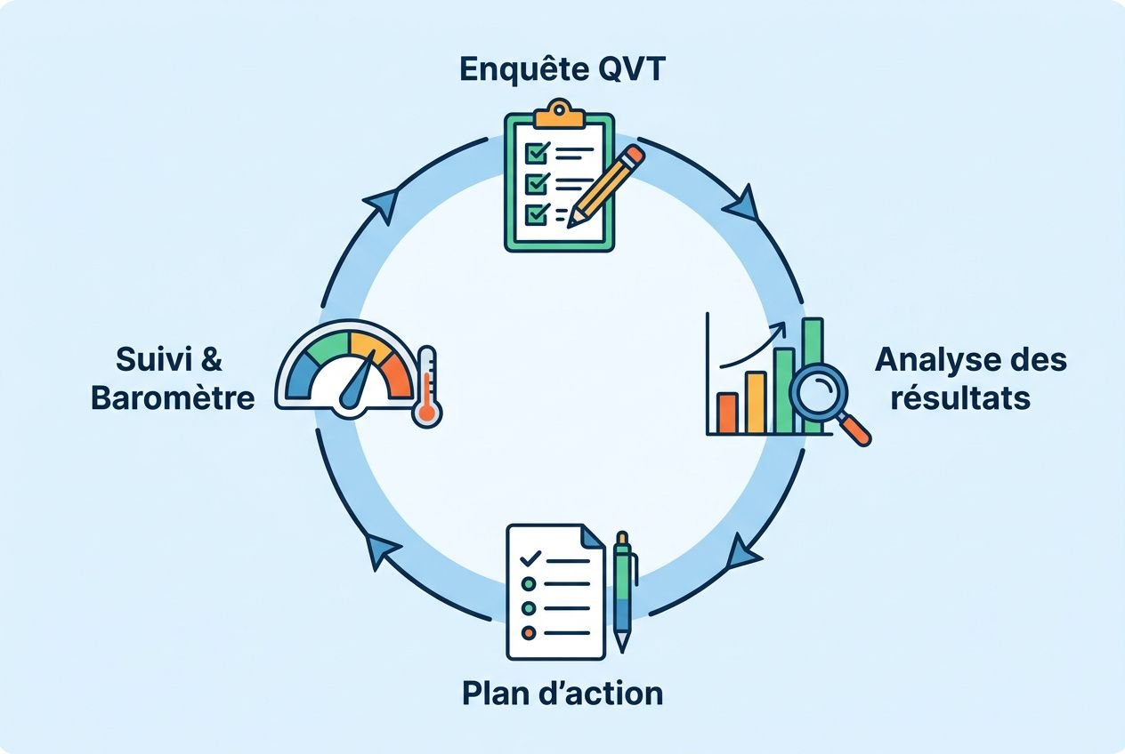Enquête QVT: diagramme circulaire illustrant le processus de qualité de vie au travail avec questionnaire, analyse des résultats, plan d’action et suivi & baromètre.