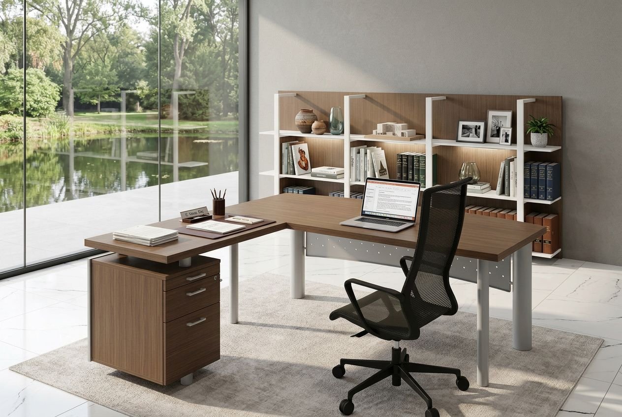 Espace de bureau moderne et lumineux avec grand plan de travail en bois, chaise ergonomique noire, rangements et bibliothèque, près d'une vue extérieure. intégrer le mot-clé: comment aménagement les bureau d'un cabinet d'avocat.