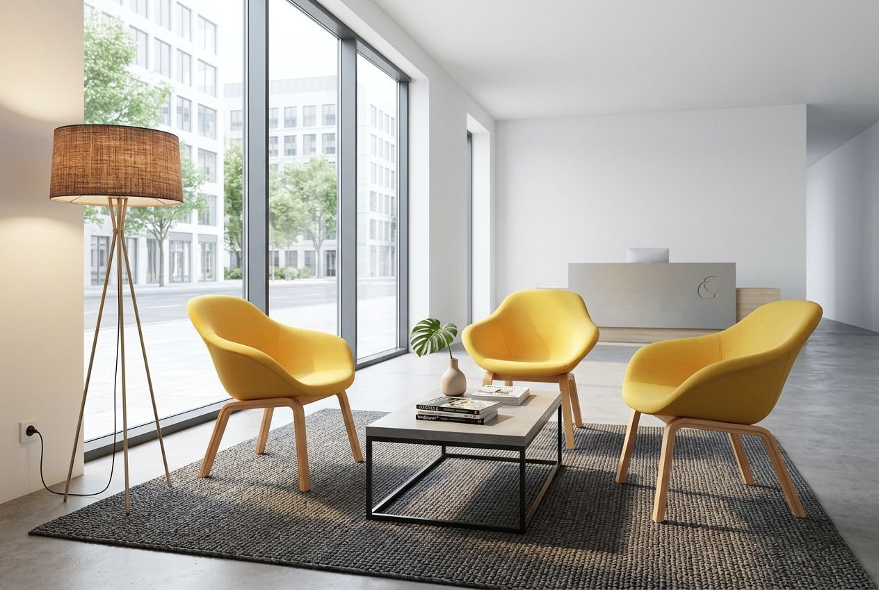 Espace d’accueil moderne avec trois fauteuils jaunes autour d’une table basse, près de grandes fenêtres et d’un luminaire sur pied.