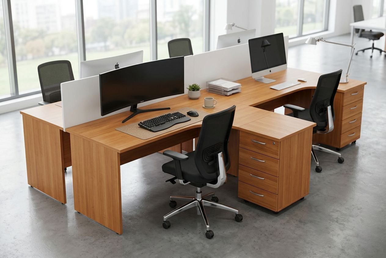 Espace de travail partagé pour deux: bureau double en L avec cloisons, deux postes d’ordinateur, chaises ergonomiques et rangements. aménager un bureau pour 2 personnes.