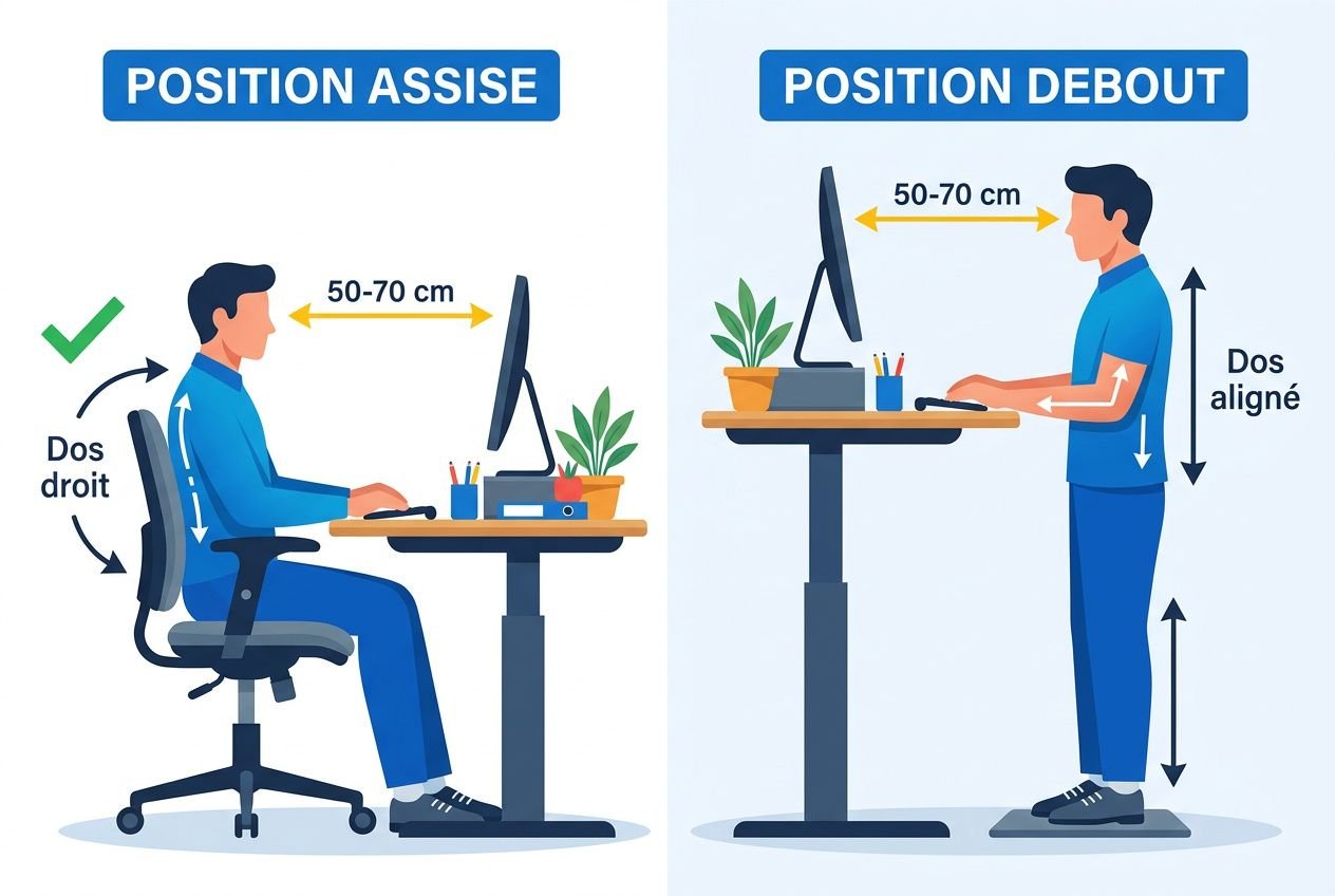 Exemple de bureau bench ergonomique hauteur réglable : personne assise à une hauteur adaptée et un collègue debout en position debout, chacun à 50–70 cm du moniteur.