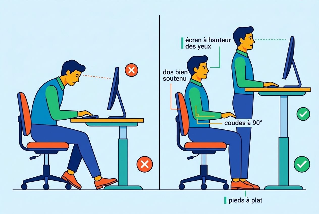 Exemple illustrant le guide de prévention des troubles musculo-squelettiques: posture correcte et incorrecte au bureau avec écart entre assise et écran, dos droit, pieds à plat et coudes à 90°.