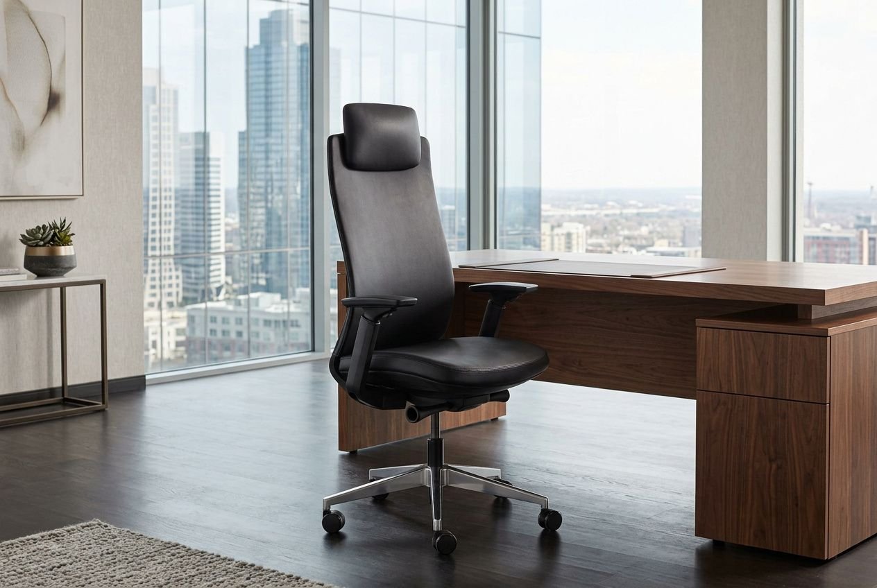 Fauteuil de direction fauteuil bureau confortable: fauteuil noir élégant sur roulettes devant un bureau en bois dans un bureau moderne lumineux.