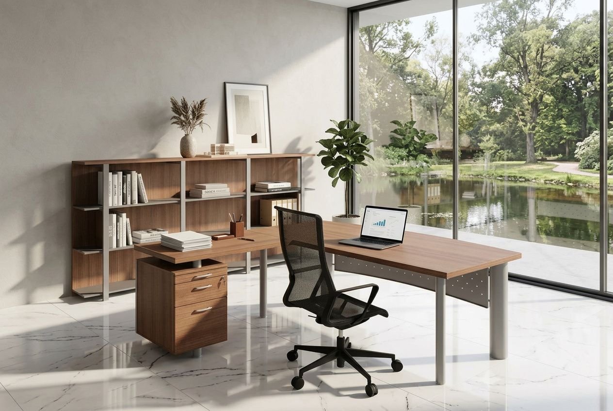 Fauteuil de direction fauteuil bureau confortable installé dans un espace de travail moderne avec bureau en bois, rangements et vue sur jardin.