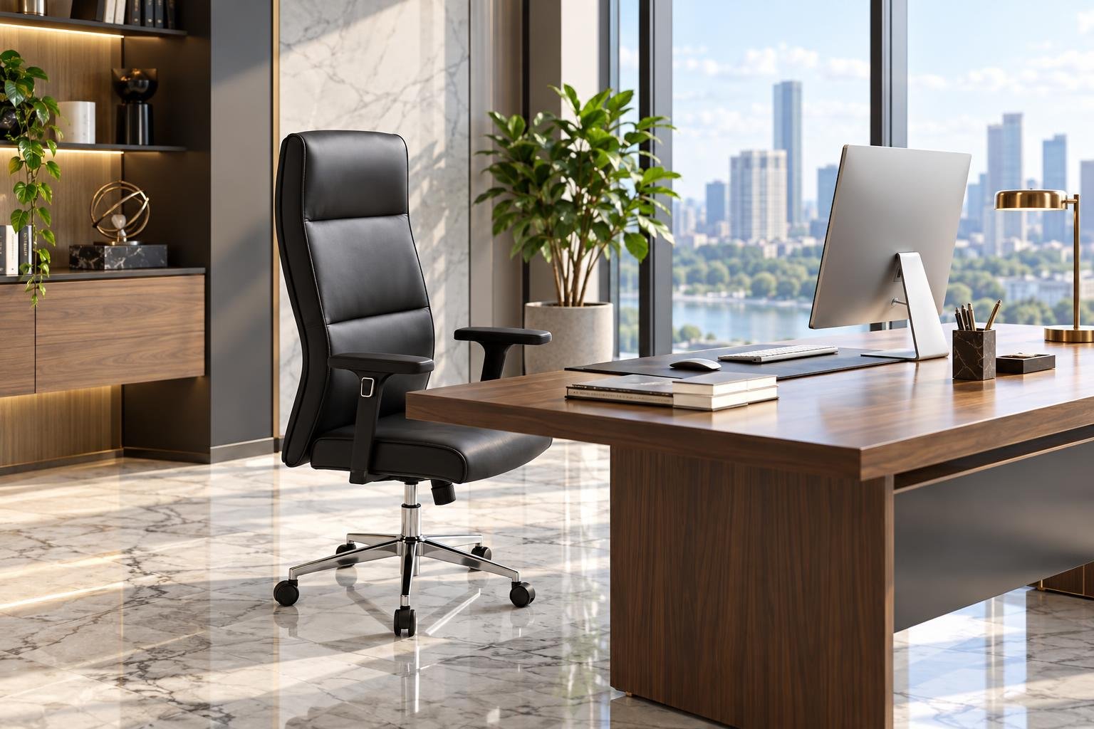 Fauteuil de direction noir et ergonomique installé devant un grand bureau en bois dans un bureau lumineux.