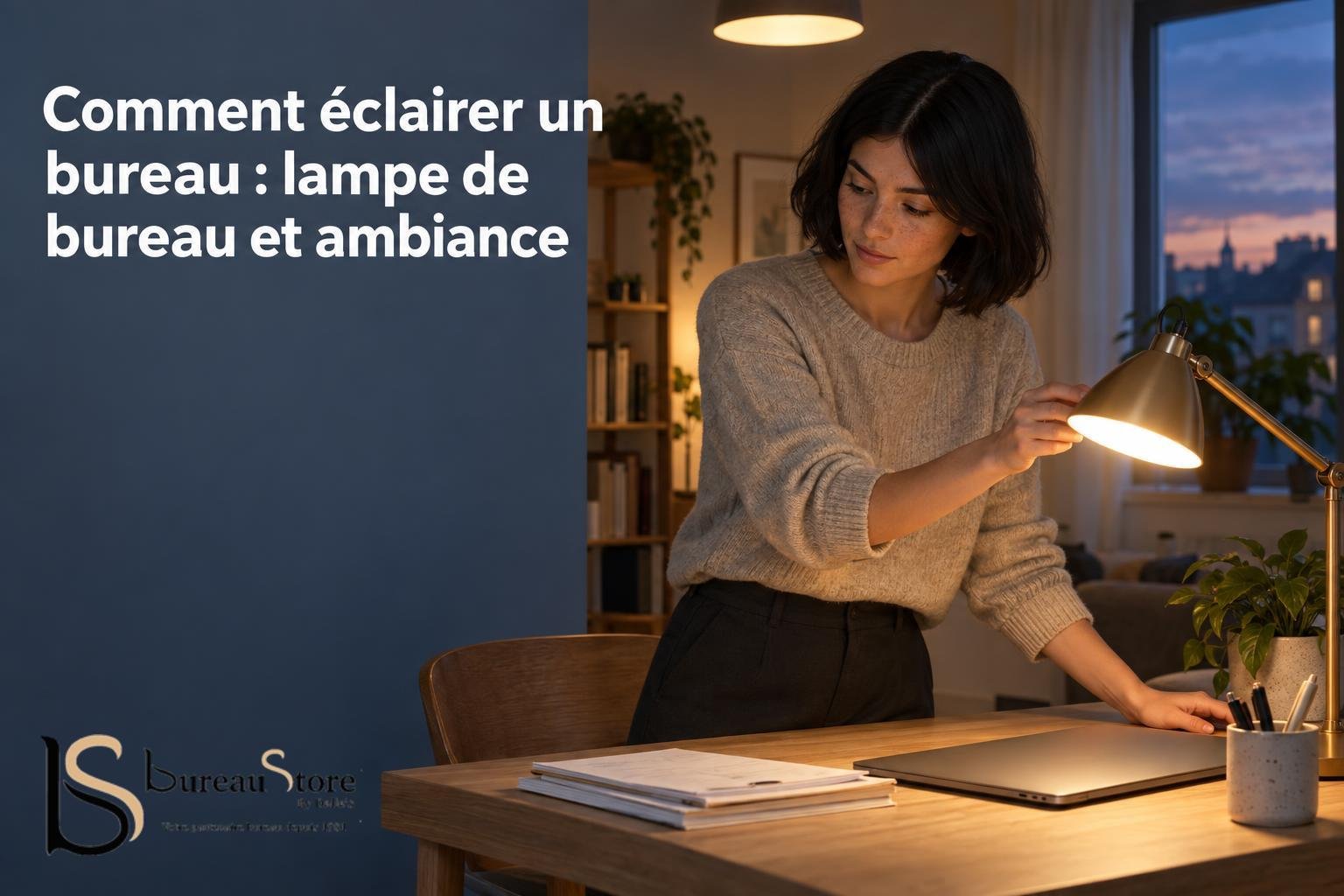 Une femme ajuste une lampe de bureau sur un poste de travail éclairé par une lumière chaude.