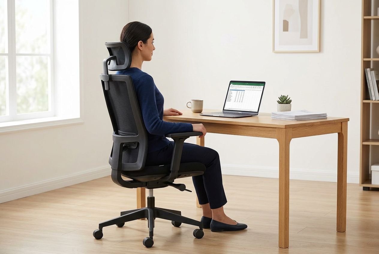 Femme assise sur une chaise de bureau ergonomique, posture droite au travail, devant un bureau en bois avec ordinateur portable et carnet. Position assise ergonomique.
