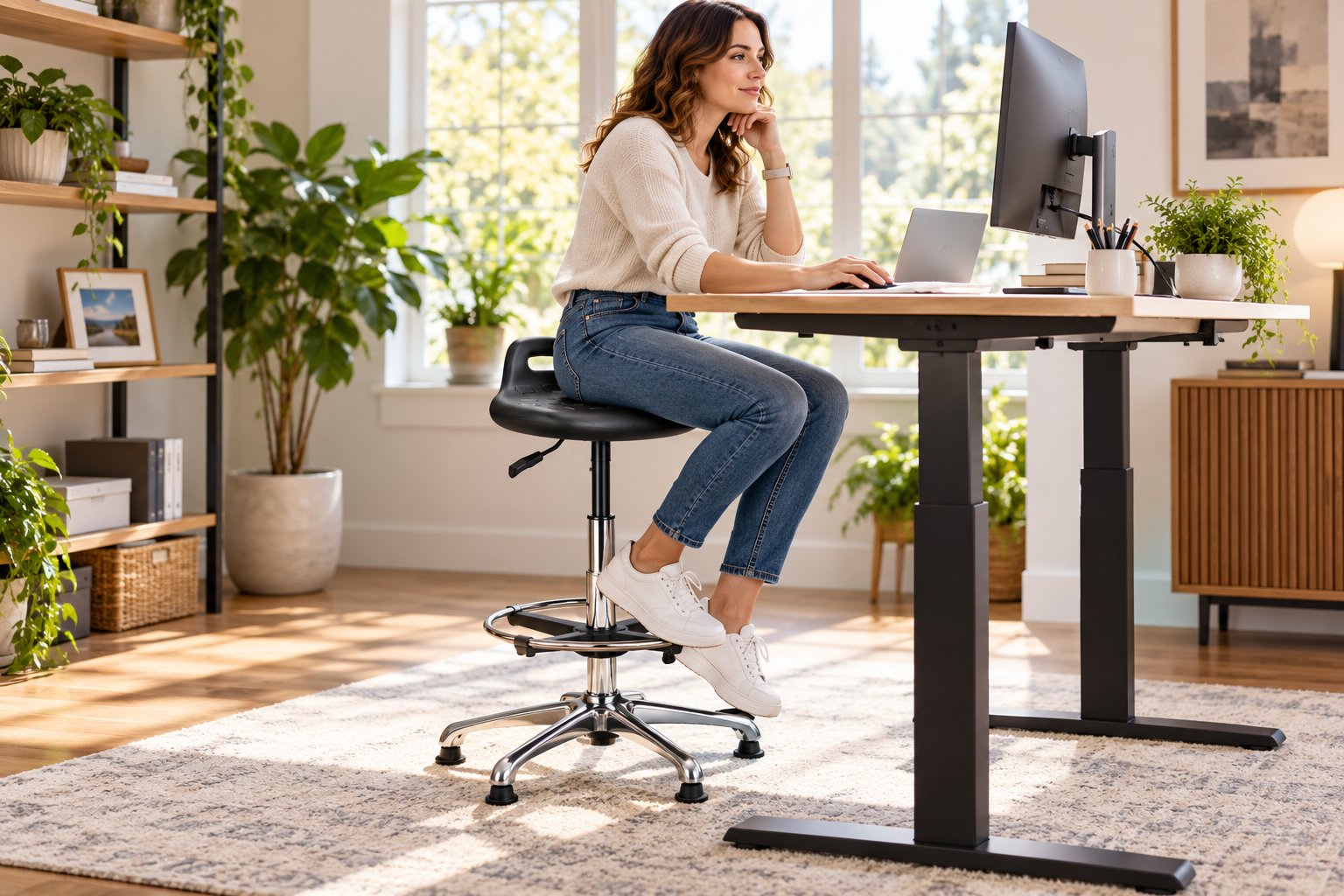 Une femme assise sur une chaise de bureau réglable travaille sur un ordinateur monté sur un bureau debout avec un tapis et des
