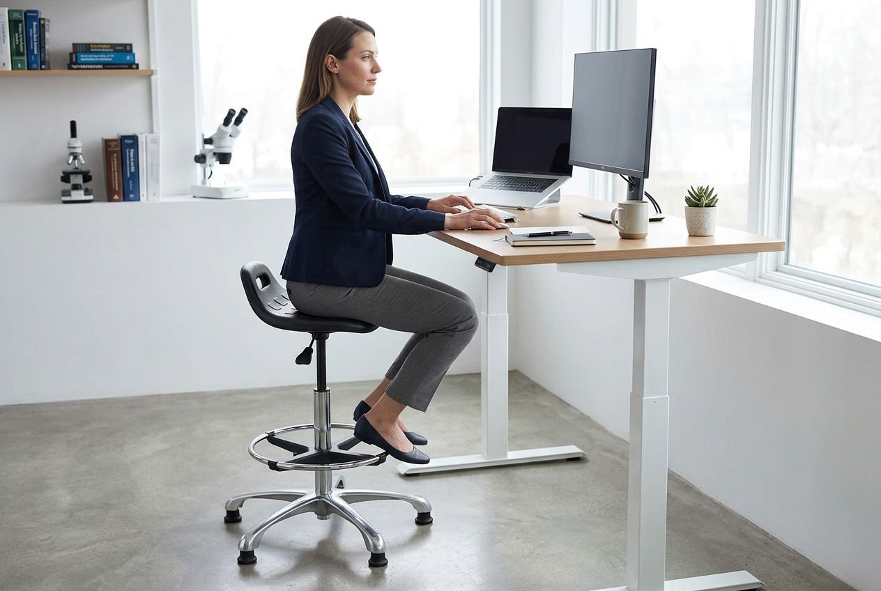 Une femme assise sur un siège assis-debout ergonomique au bureau, devant un ordinateur et un écran, dans un espace de travail lumineux et minimaliste.