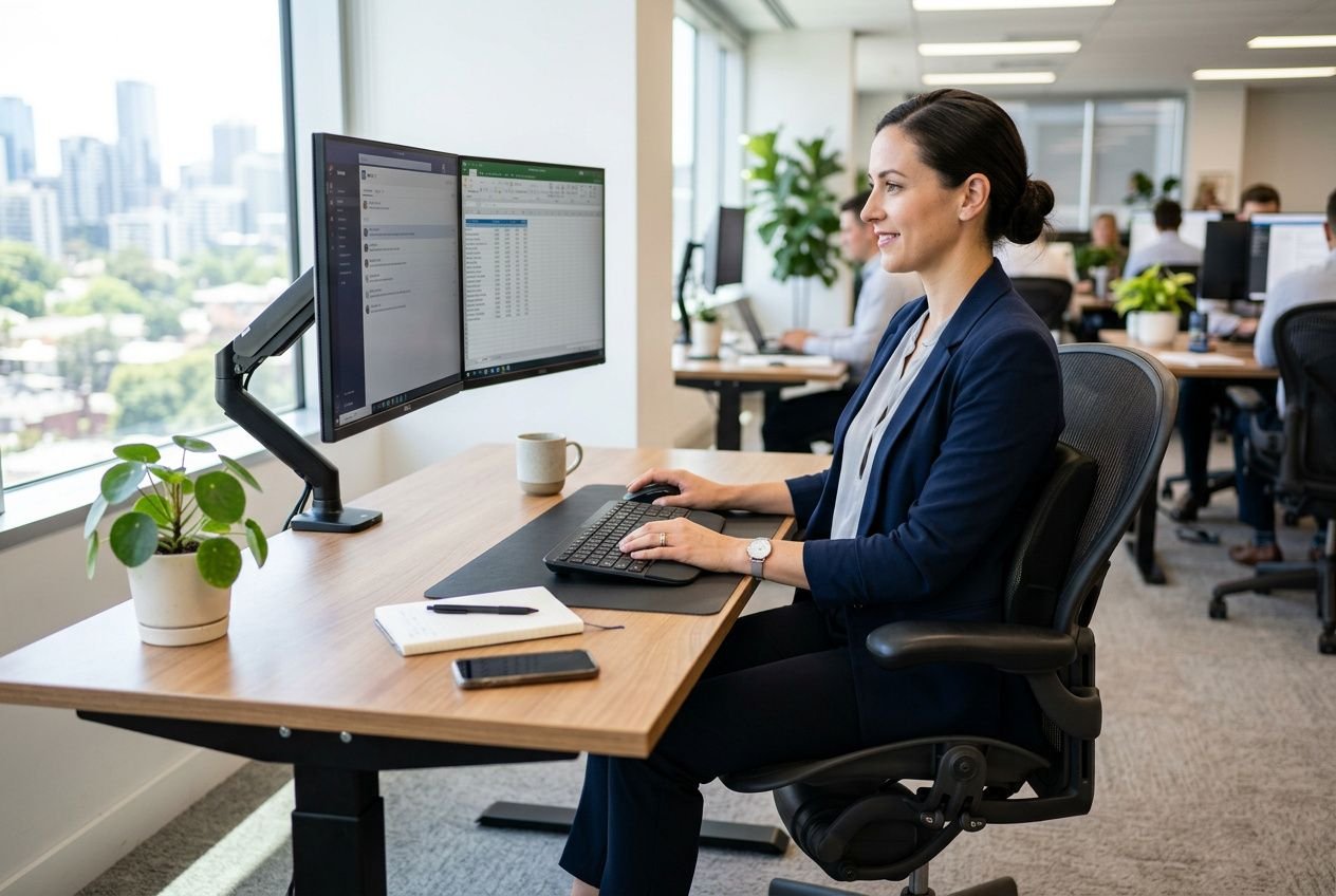 Femme au bureau assise devant deux écrans, clavier et souris, effectuant son travail; ambiant professionnel et lumineux. mal de dos bureau exercices est intégré comme sujet.