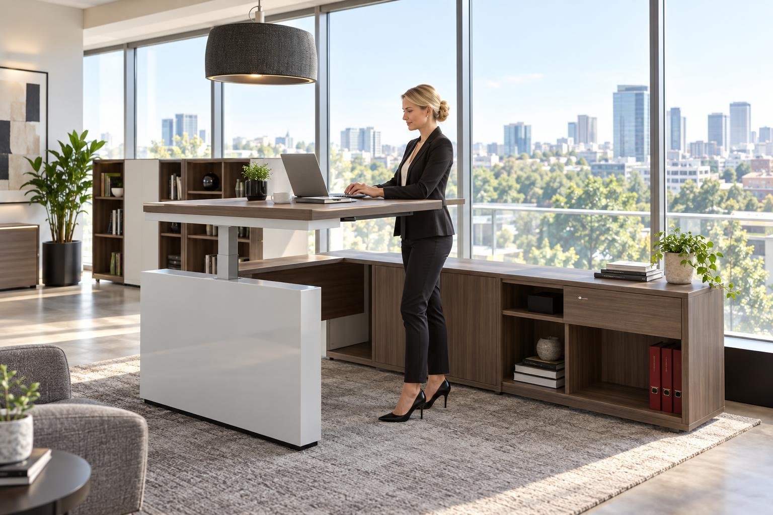 Une femme d’affaires debout à un bureau de direction debout avec plateau haut près d’une grande baie vitrée en milieu de bureau