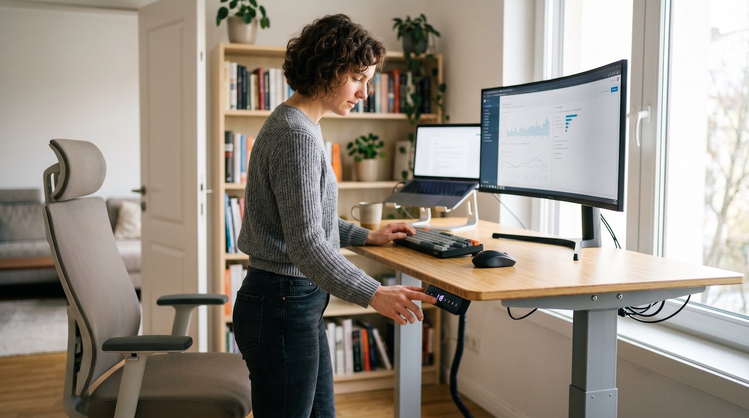 Femme debout devant un bureau réglable en hauteur, en train d'ajuster le niveau avec le panneau de commande.