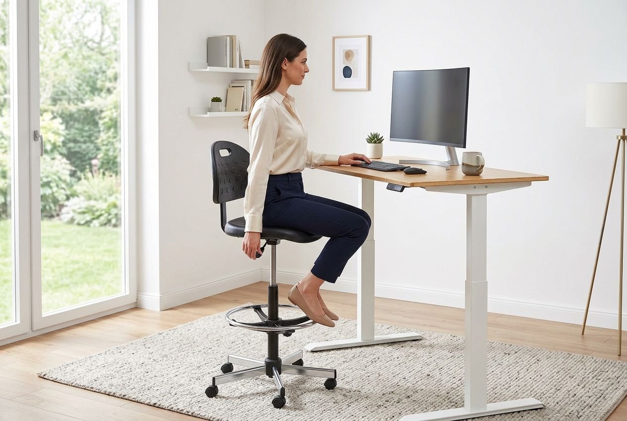 Femme sur un siège assis-debout ergonomique à hauteur de bureau, posture droite devant un ordinateur, dans un espace de travail lumineux.