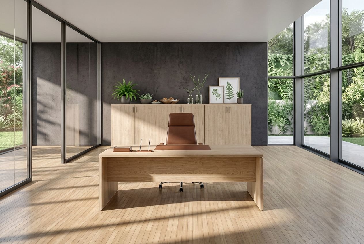 Grand bureau en bois clair dans un espace de travail moderne, grande table centrale, chaise ergonomique marron, meubles de rangements et plantes, lumière naturelle. comment bien choisir son bureau idéale pour un espace optimal.