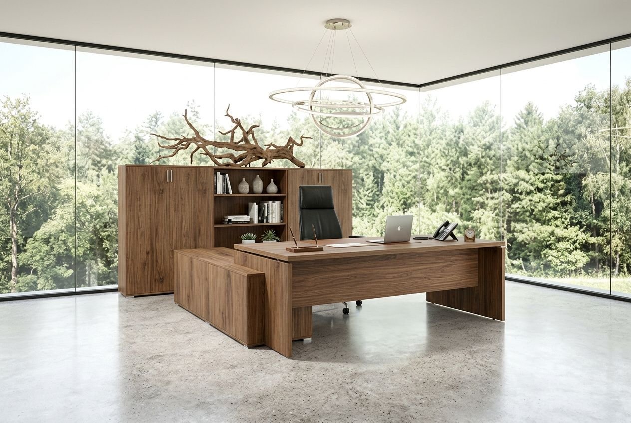 Grand bureau de direction en bois noble avec grande table, fauteuil ergonomique et rangement, dans un espace lumineux entouré de vitres et nature extérieure. Aménager un bureau de direction.