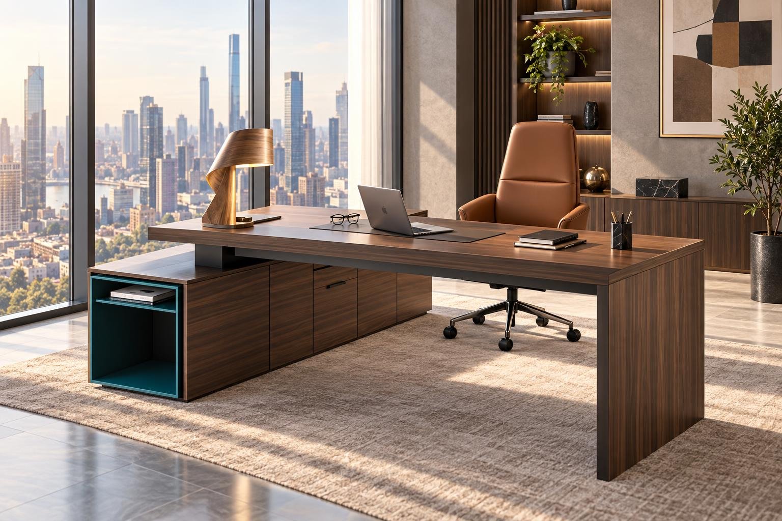 Grand bureau Directoire en bois avec fauteuil ergonomique dans un bureau lumineux avec vue sur la ville.