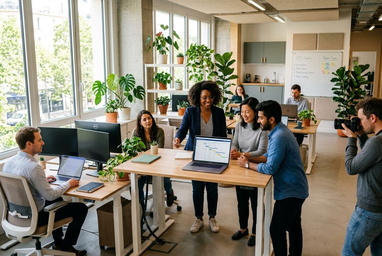 Groupe de collaborateurs dans un espace de travail collaboratif, discutant autour d’un ordinateur portable; ambiance lumineuse et plantes d’intérieur. qualité de vie au travail obligation employeur évoquée indirectement.