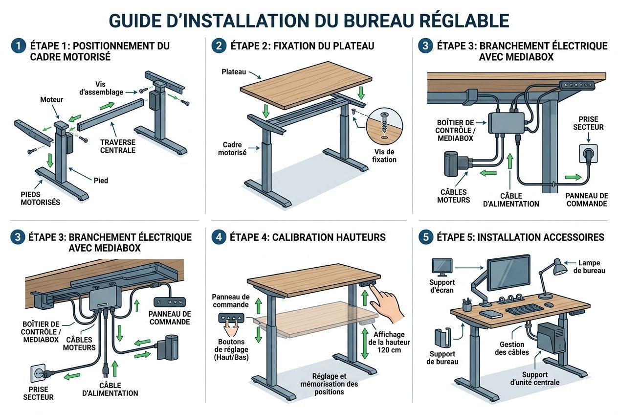 Guide d’installation d’un bureau ergonomique assis-debout avec réglage et supports détaillés pour montage et câblage.