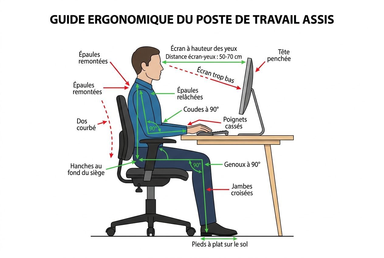 Guide ergonomique montrant une personne assise à hauteur de bureau réglable, avec posture idéale et indices de hauteur bureau haut pour un setup sain.