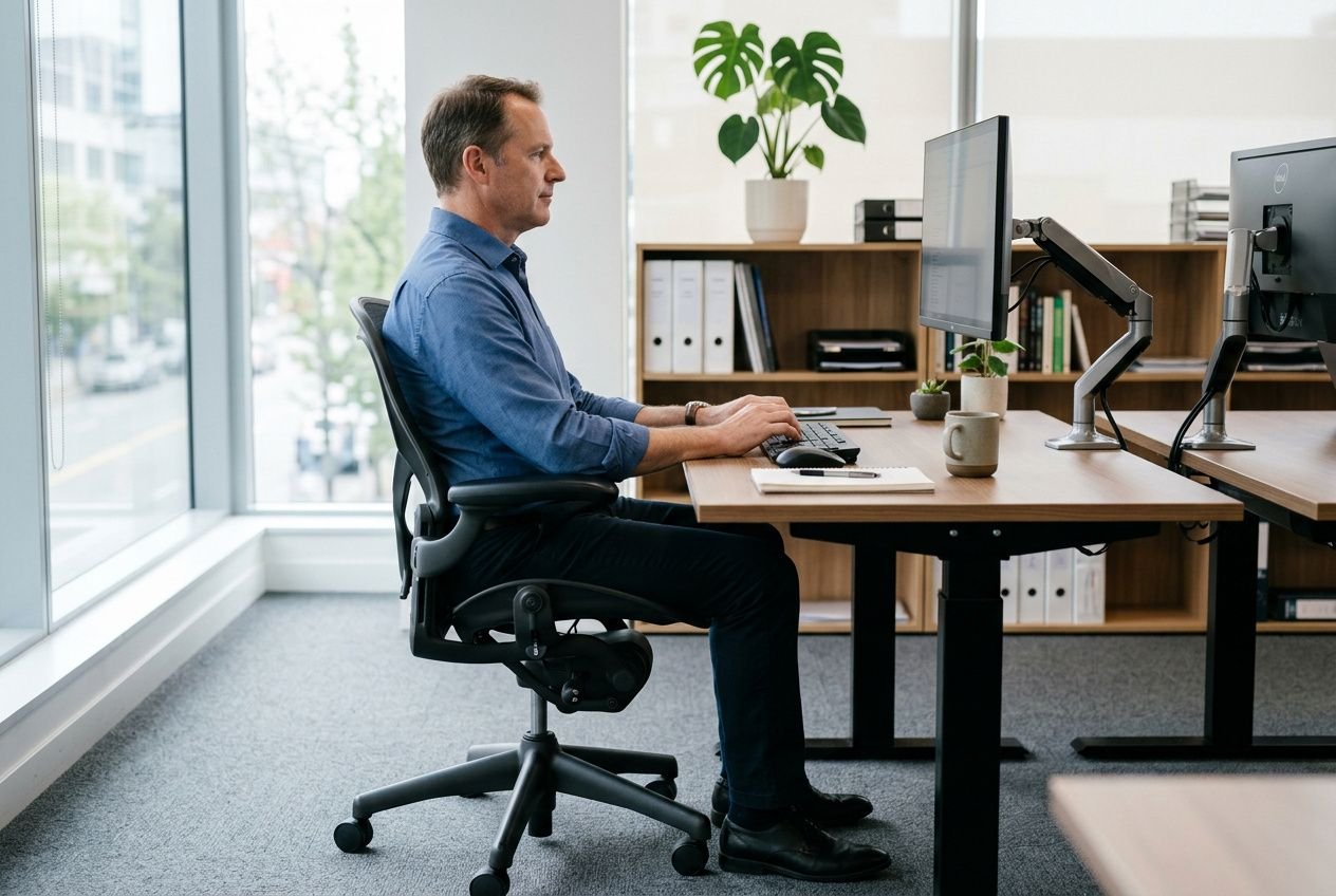 Homme assis droit à un bureau, utilisant ordinateur avec chaise ergonomique et réglages visibles pour une posture correcte au travail.
