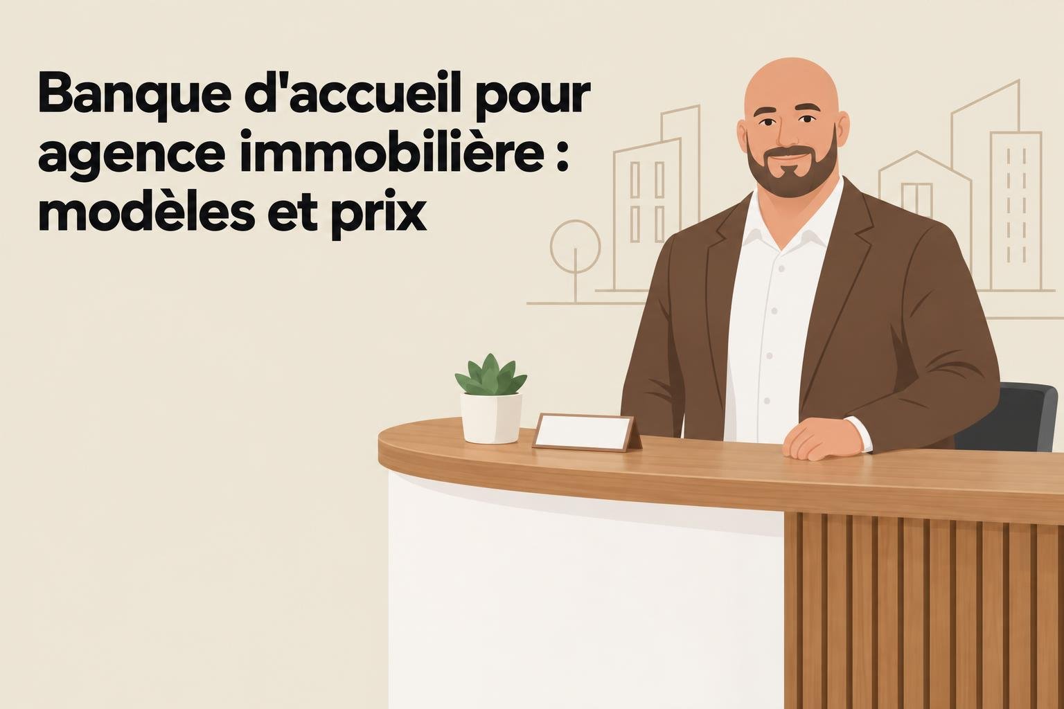Un homme barbu en veste marron se tient derrière un comptoir en bois, avec un petit planteur et un support sur le dessus.