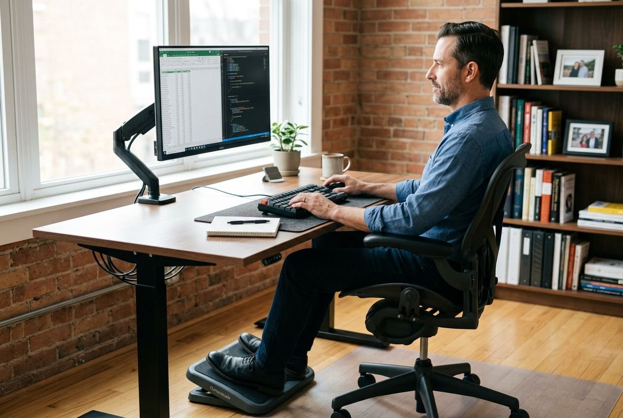 Homme de bureau assis, réglant son poste de travail sur une table, écran d’ordinateur, clavier et tapis de souris, pieds sur repose-pieds, éclairage naturel et rangement avec livres en arrière-plan. posture bureautique adaptée.