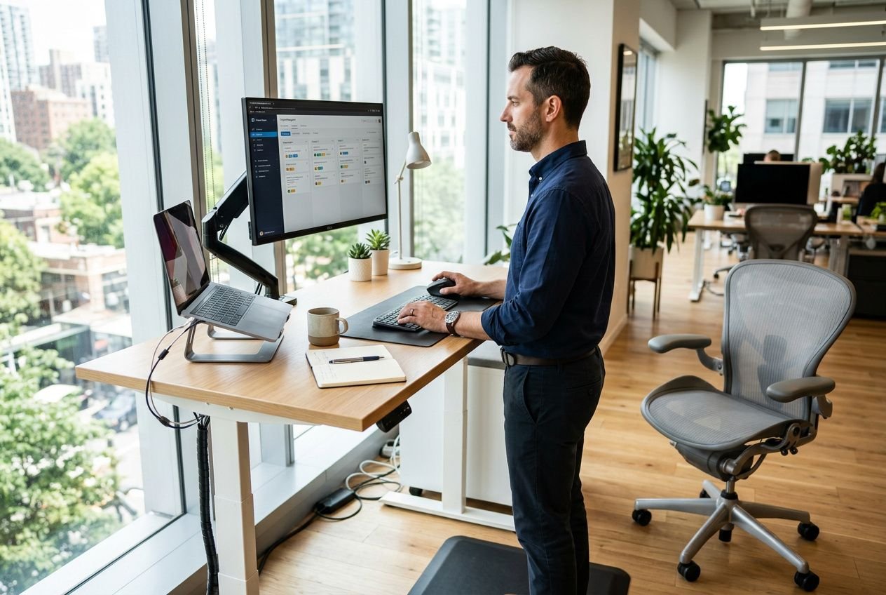 Homme debout à son bureau près d’une grande baie vitrée, utilisant un écran d’ordinateur, un clavier et une souris; bureau avec ordinateur portable, plantes et carnet. Bureau ergonomique assis-debout.