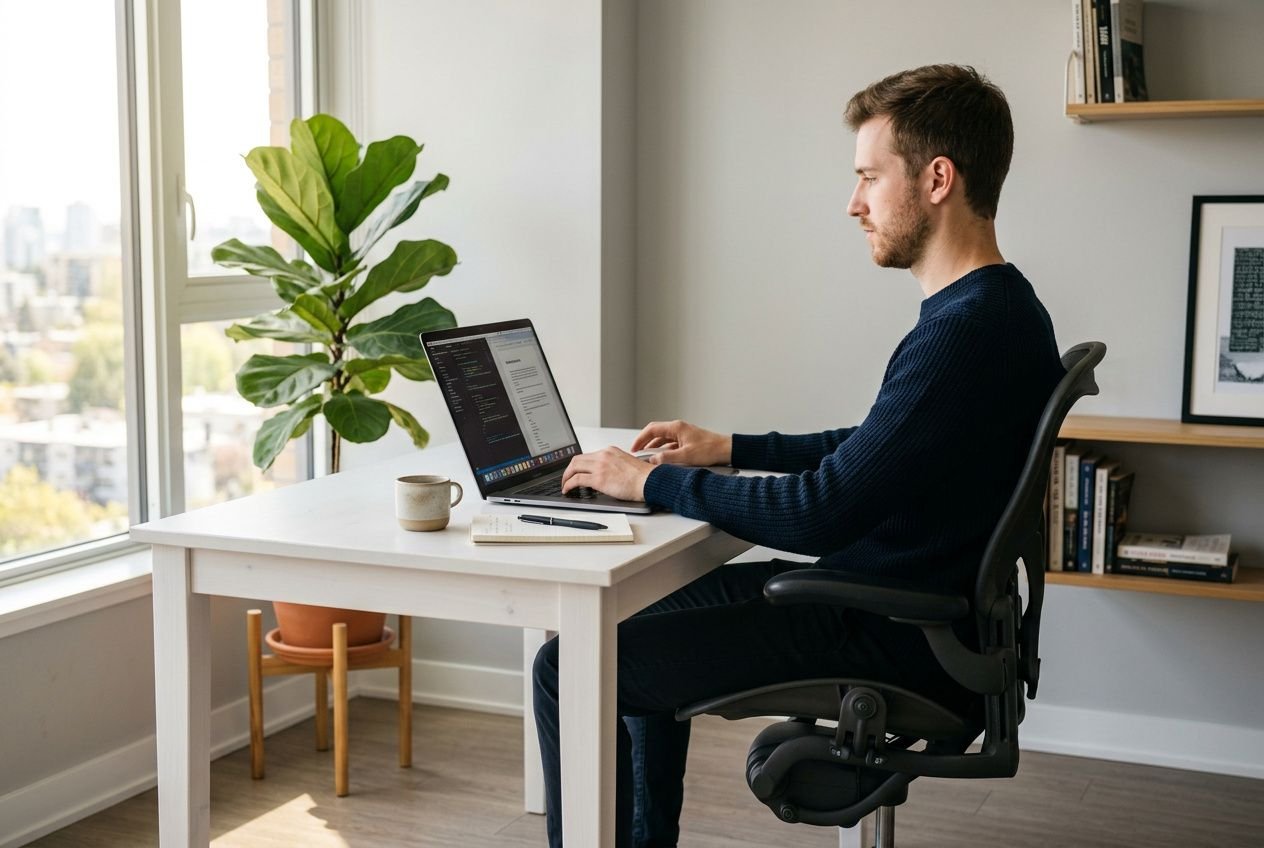 Hommes assis à un bureau blanc près d’une grande fenêtre, ordinateur portable et tasse sur le plateau. Alt: hauteur bureau haut adaptée, posture droite, environnement de travail ergonomique.