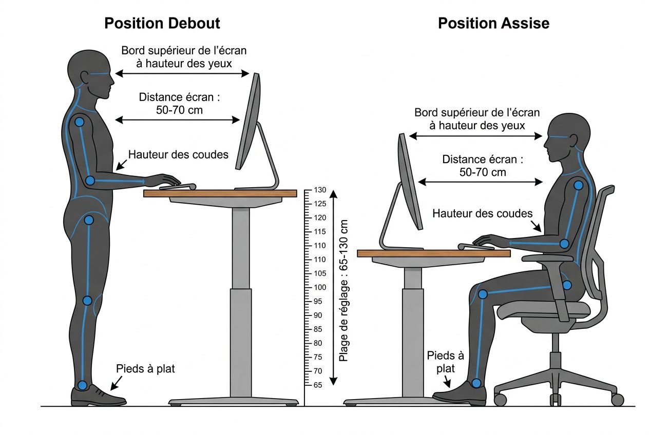 Illustration démontrant les positions debout et assise au travail, avec mesures de distance et hauteur du bureau et du siège.