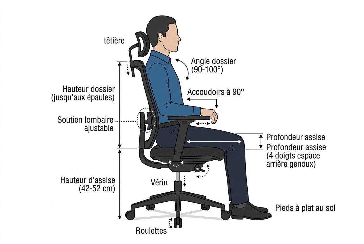 Illustration d’un homme assis sur une chaise de bureau ergonomique, avec avertisseurs: inclinaison, accoudoirs à 90°, dossier et soutien lombaire ajustables, pieds sur roulettes. comment choisir une chaise de bureau confortable.